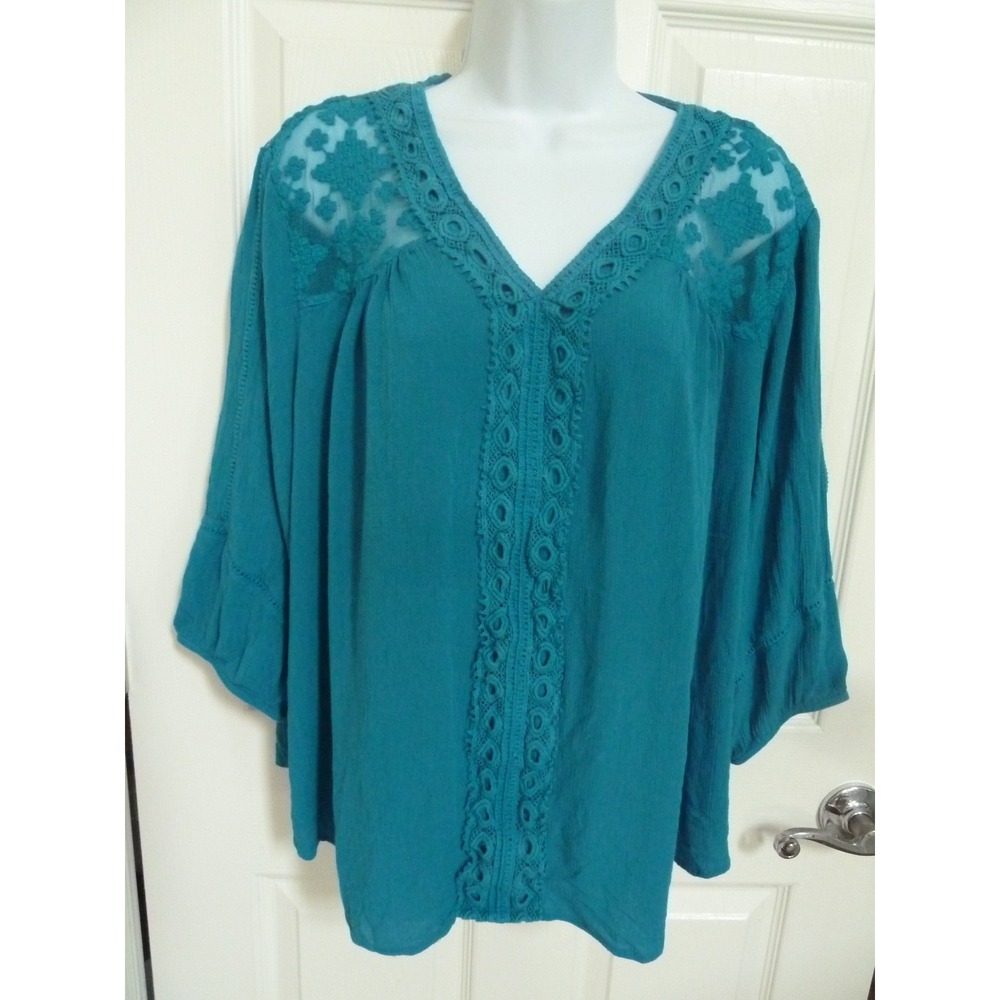 New Directions Curvy Plus Sz 2X Teal Blue Gauzy Lace Pullover Peasant Blouse